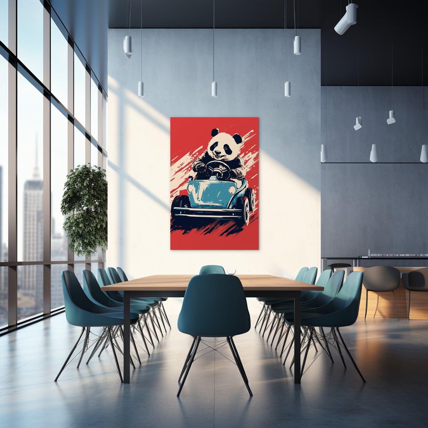 Panda's Joyride on blue Car Wall Art