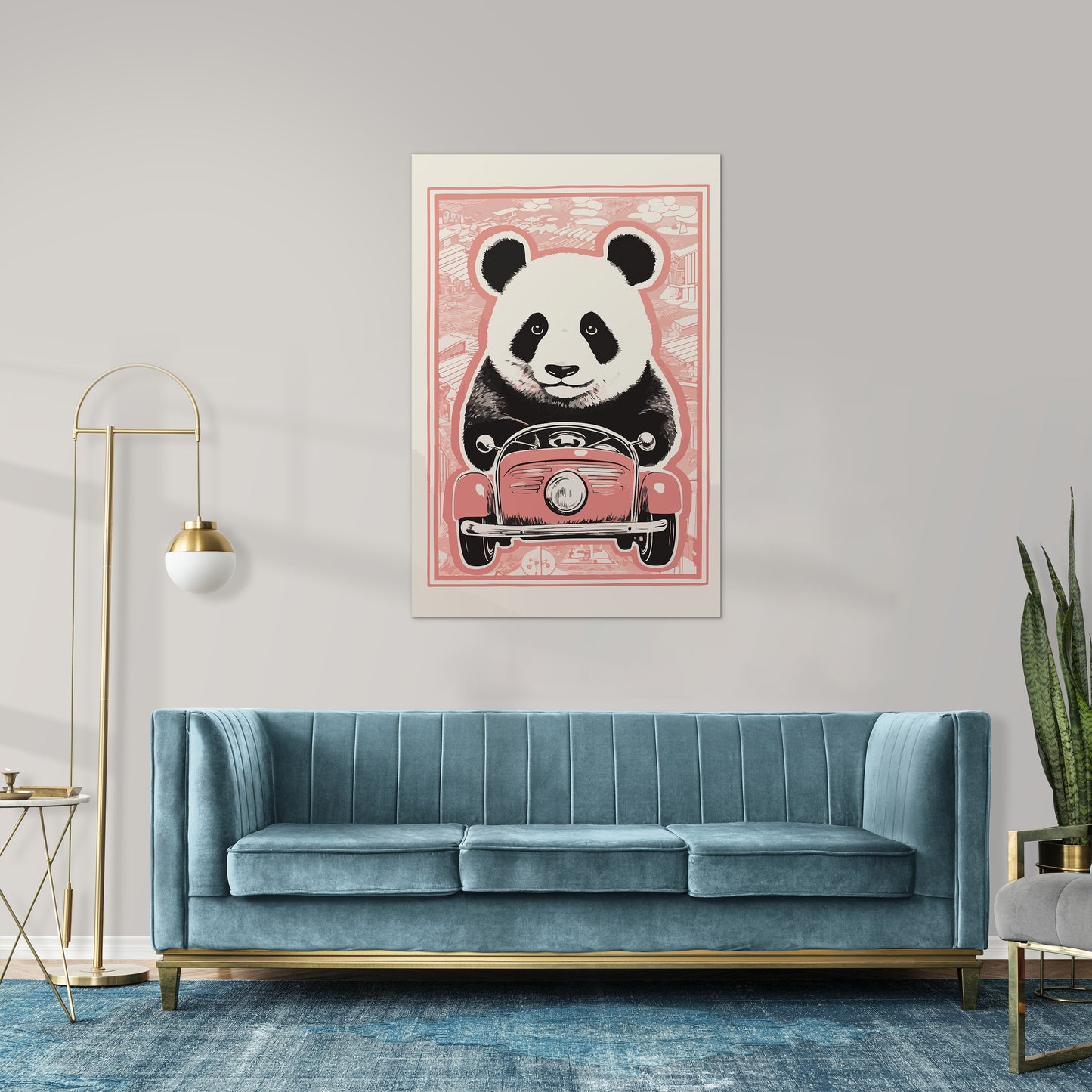 Panda's Joyride on pastel orange Car Wall Art