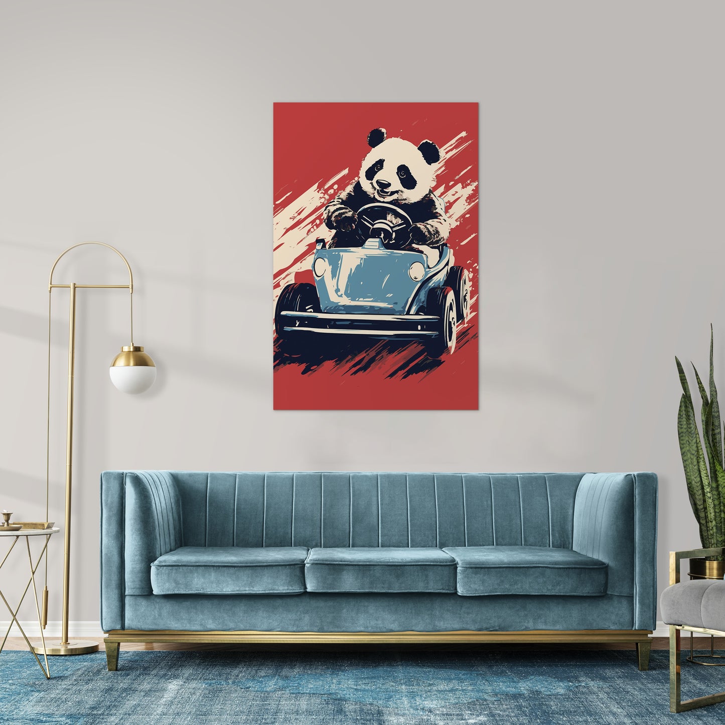 Panda's Joyride on blue Car Wall Art