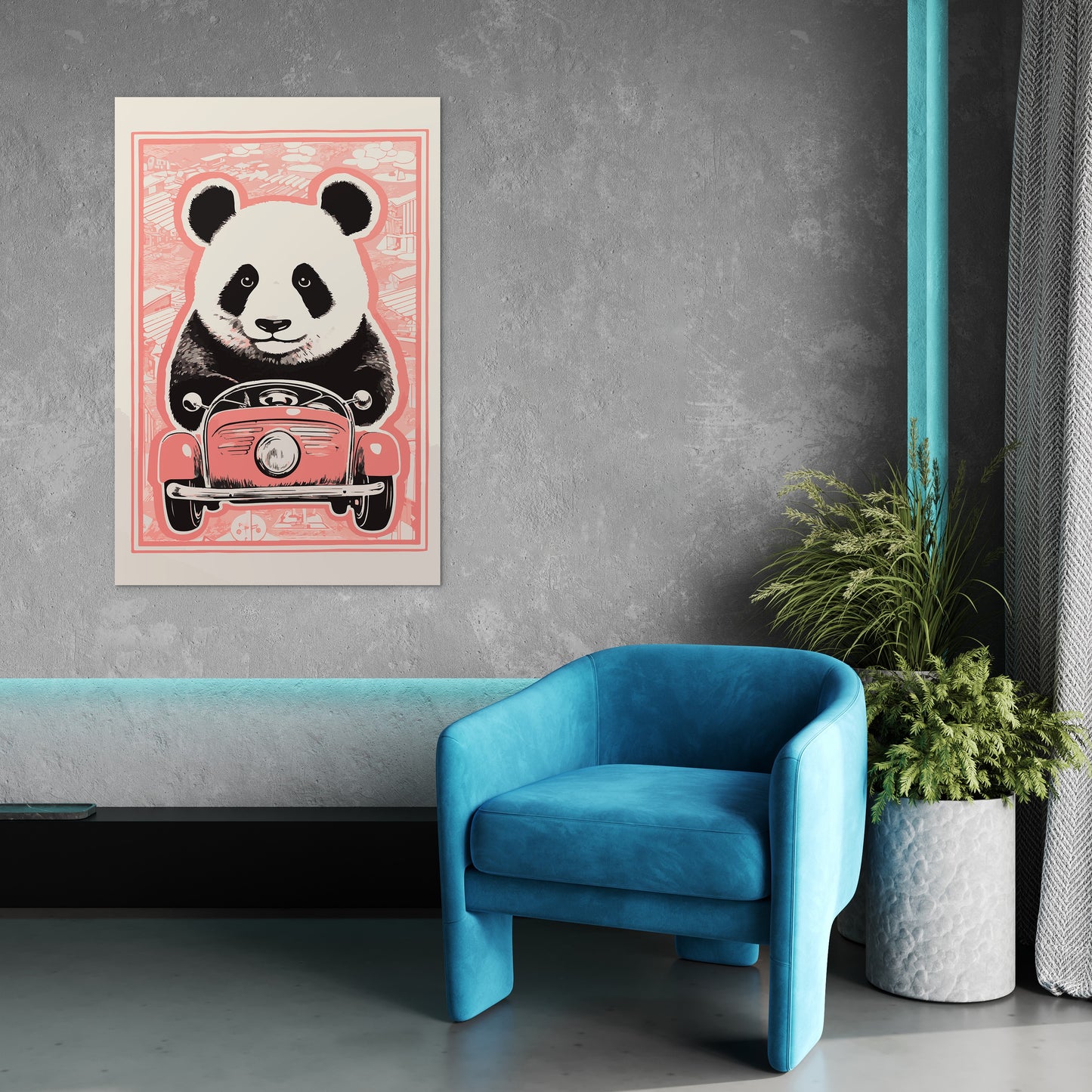 Panda's Joyride on pastel orange Car Wall Art