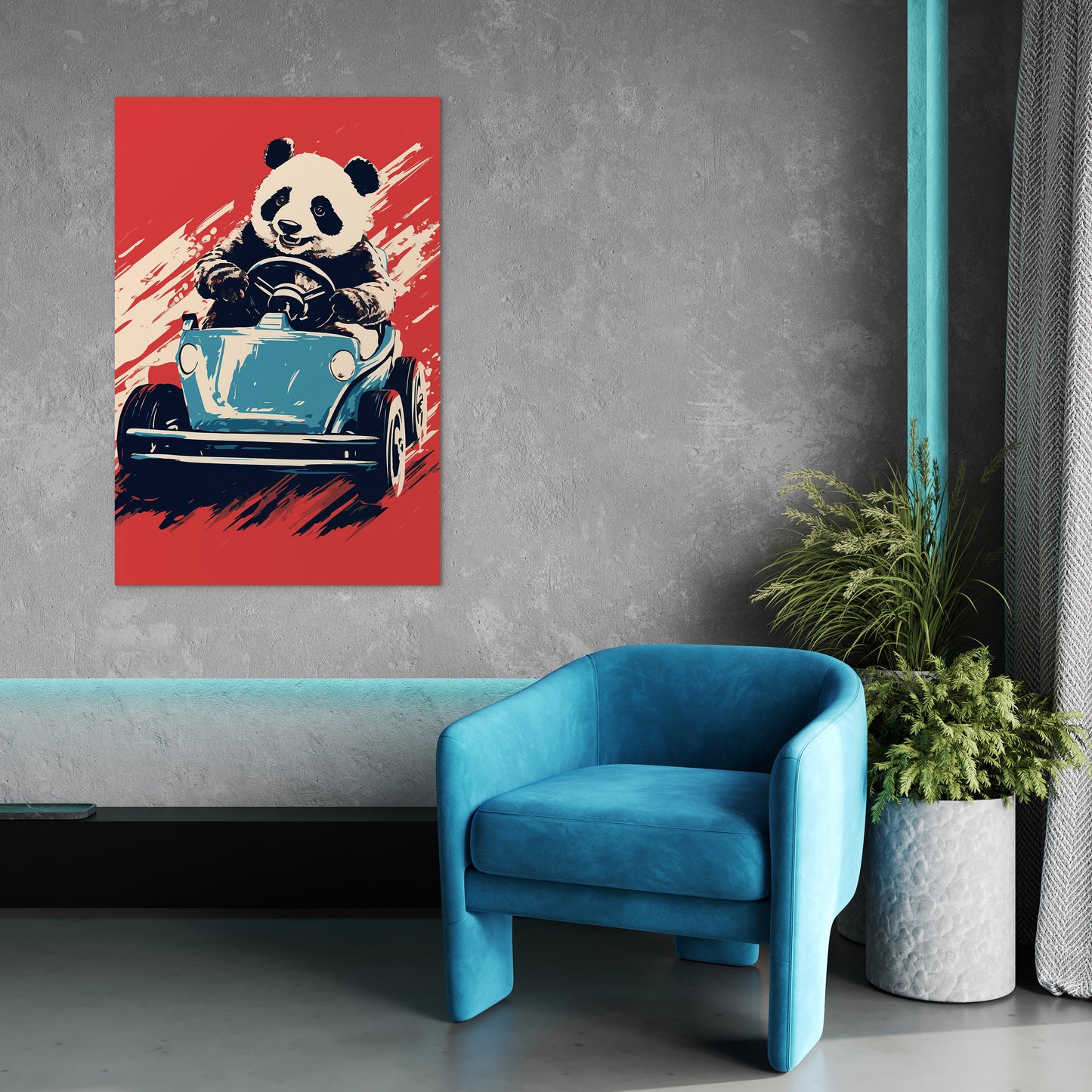 Panda's Joyride on blue Car Wall Art
