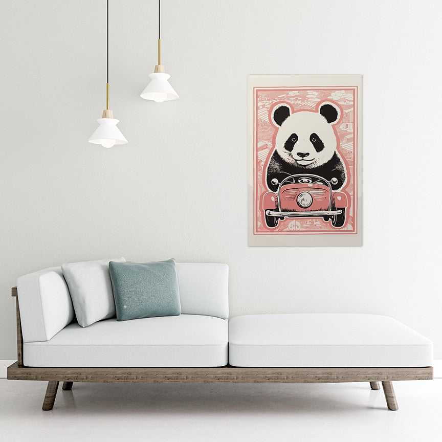 Panda's Joyride on pastel orange Car Wall Art