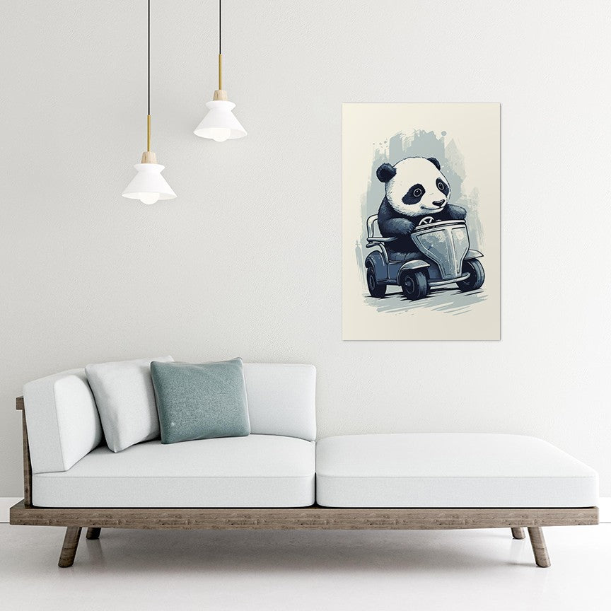 Panda's Joyride on blue toy car Wall Art