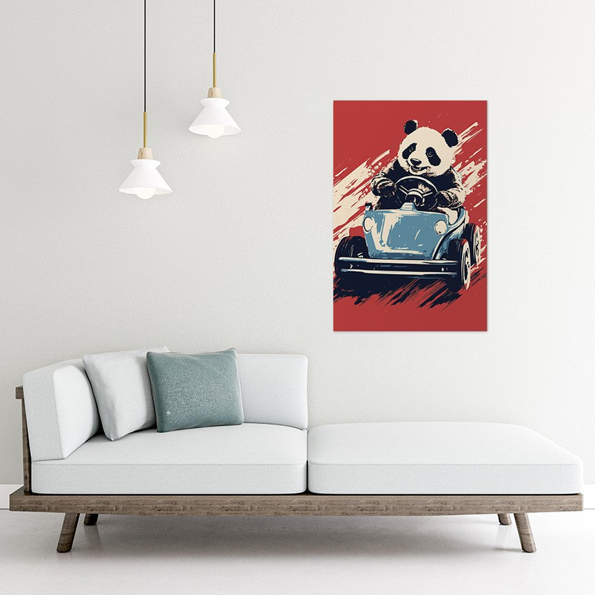 Panda's Joyride on blue Car Wall Art