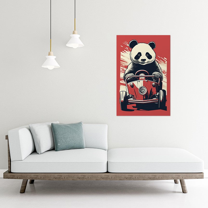 Panda's Joyride On Red Car Wall Art