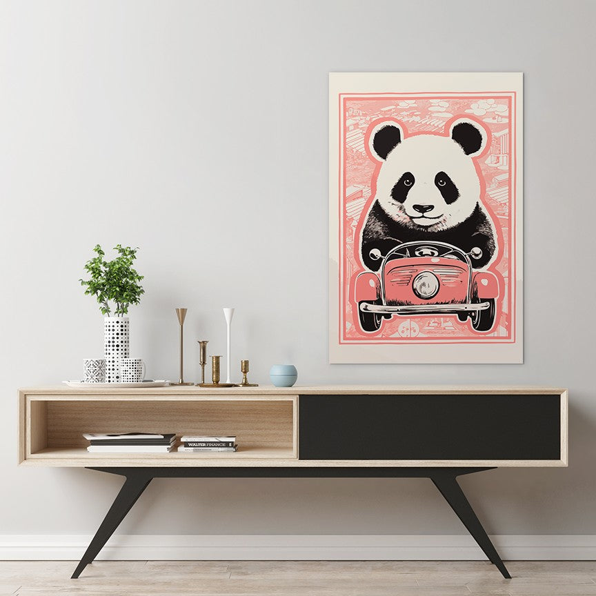 Panda's Joyride on pastel orange Car Wall Art