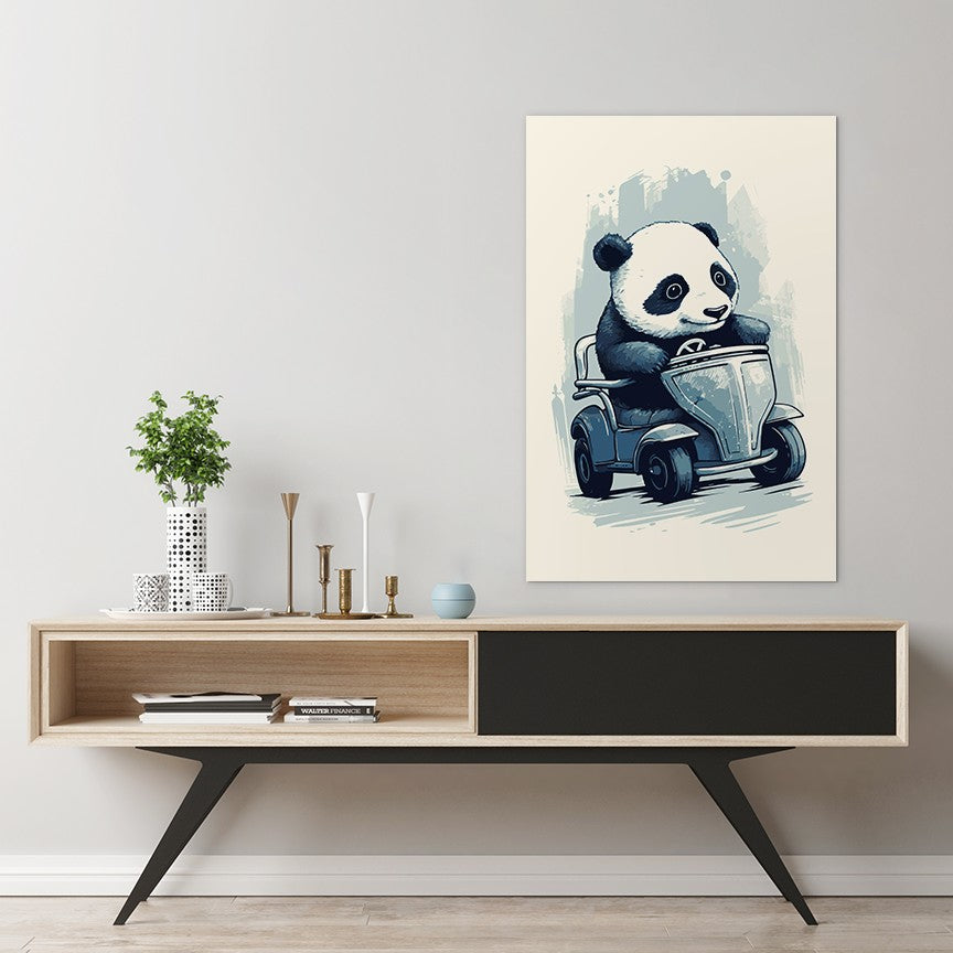Panda's Joyride on blue toy car Wall Art