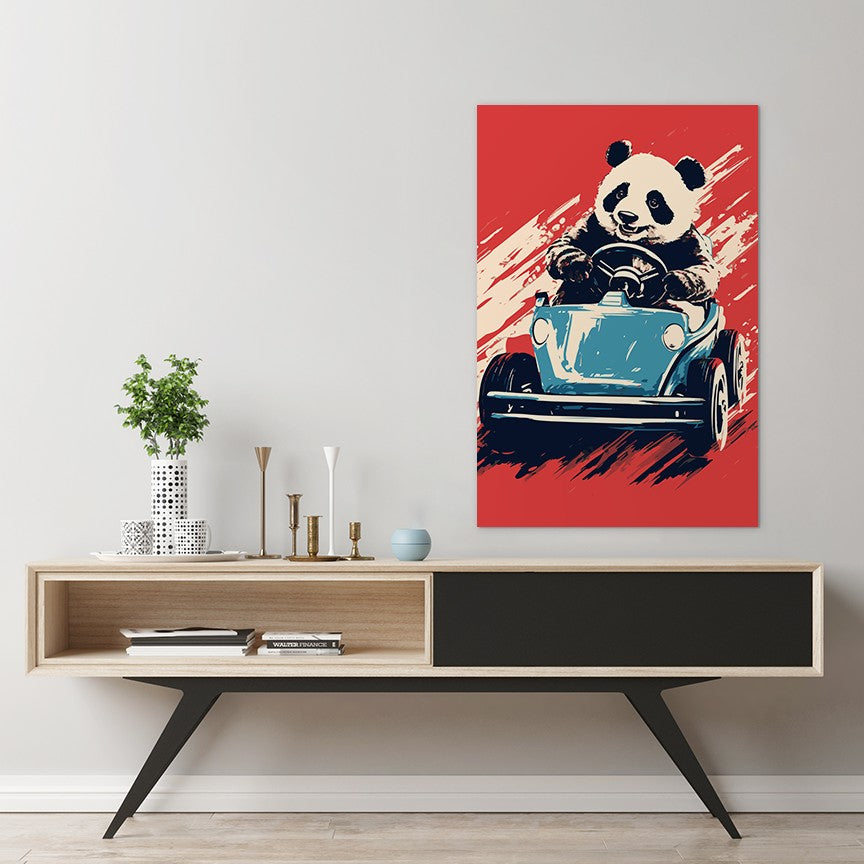 Panda's Joyride on blue Car Wall Art