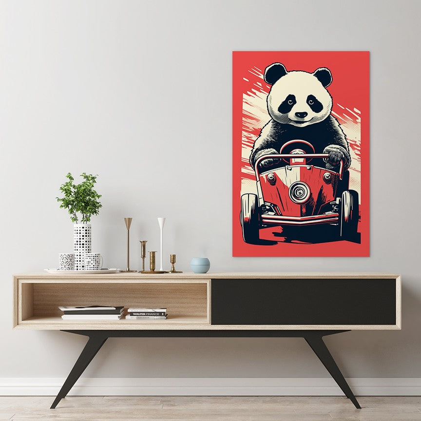 Panda's Joyride On Red Car Wall Art
