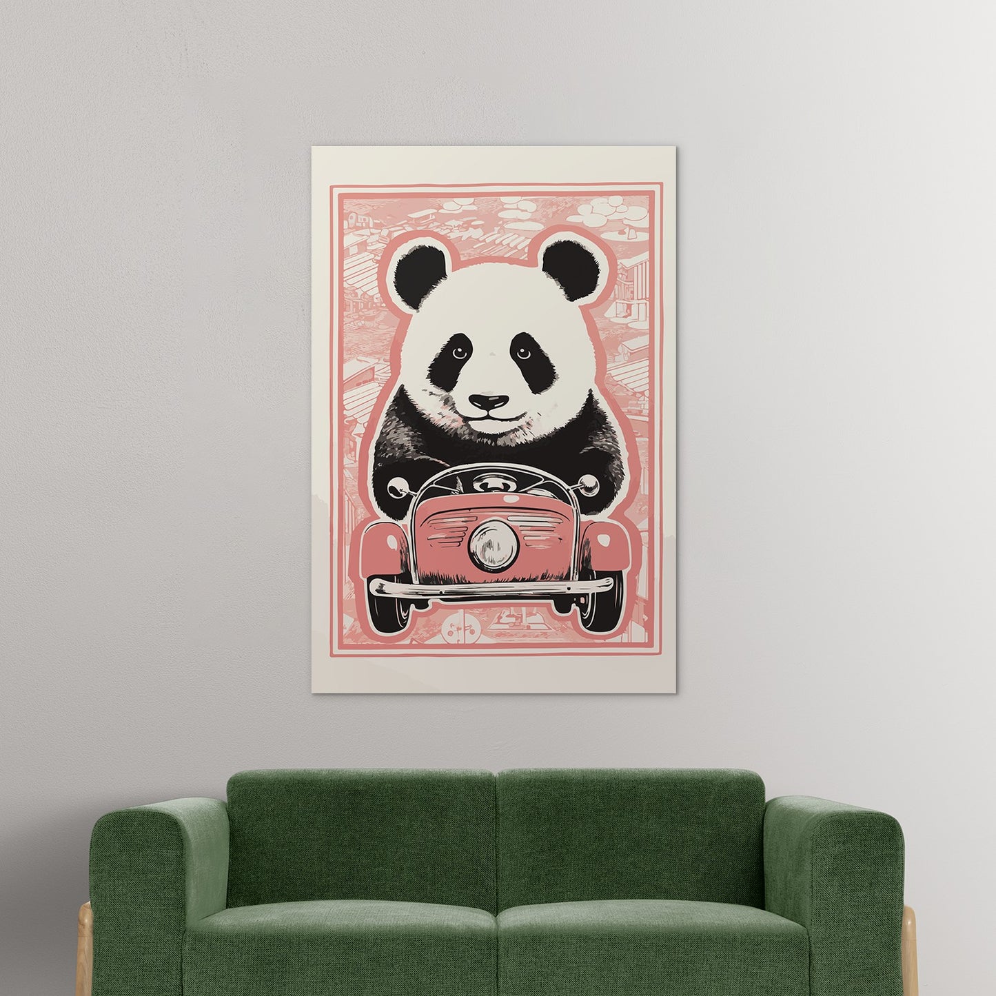 Panda's Joyride on pastel orange Car Wall Art