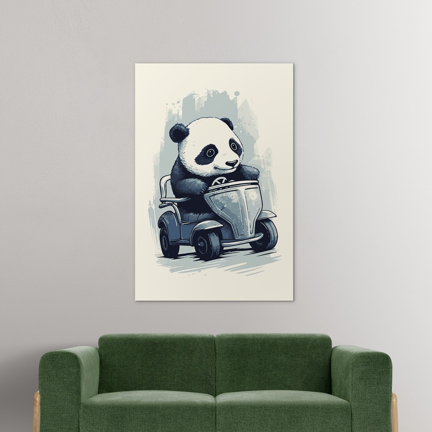 Panda's Joyride on blue toy car Wall Art
