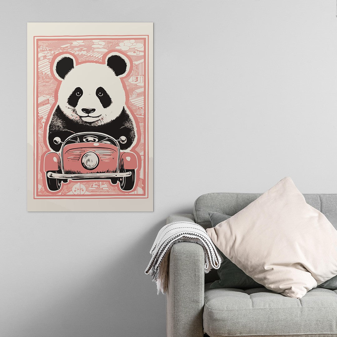 Panda's Joyride on pastel orange Car Wall Art