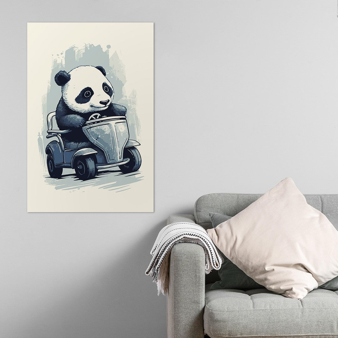 Panda's Joyride on blue toy car Wall Art