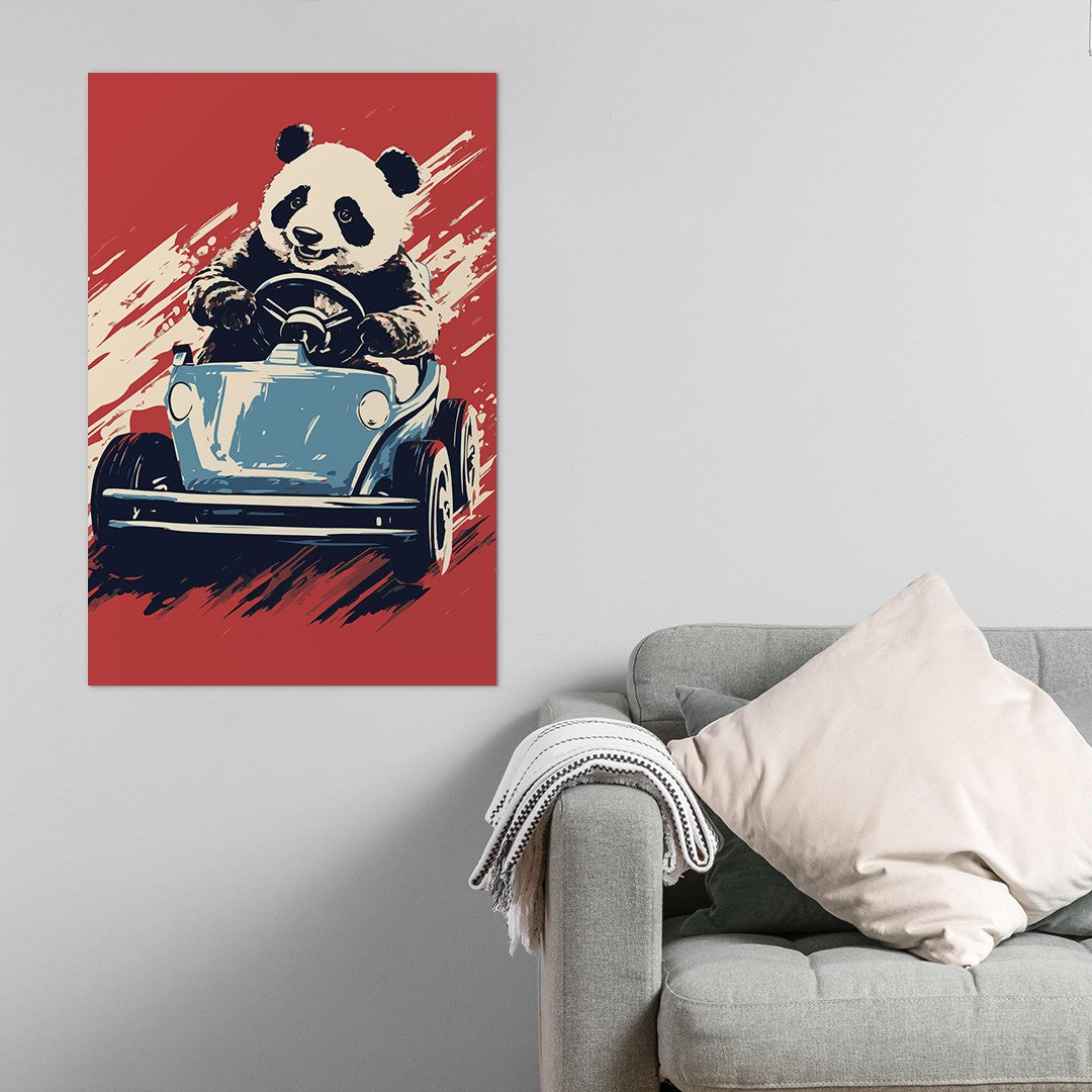 Panda's Joyride on blue Car Wall Art