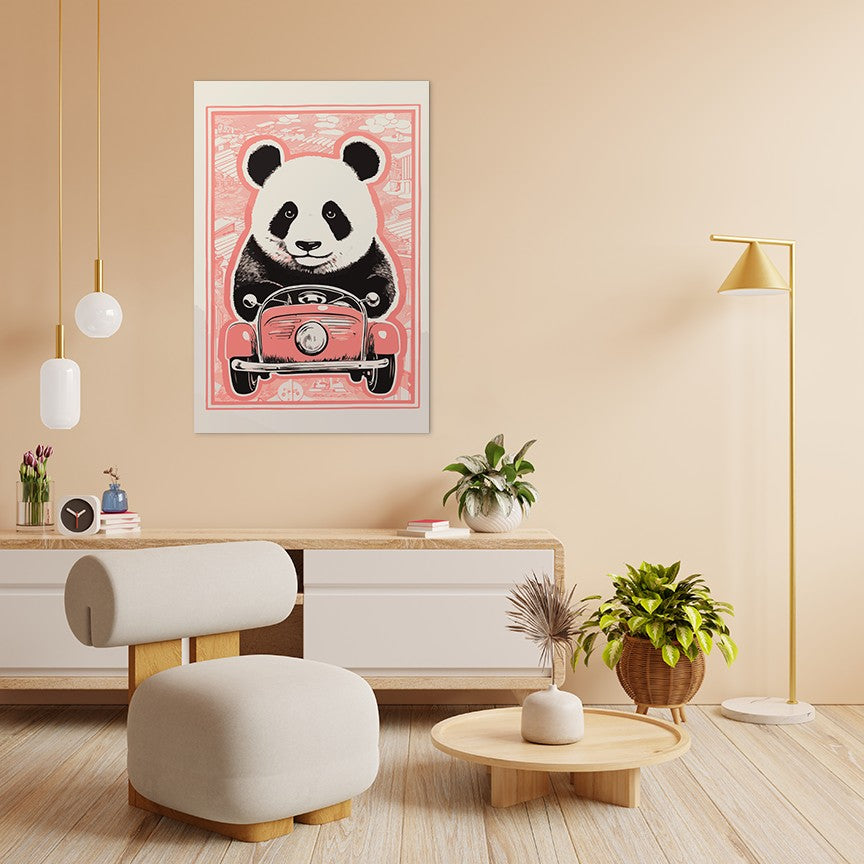 Panda's Joyride on pastel orange Car Wall Art