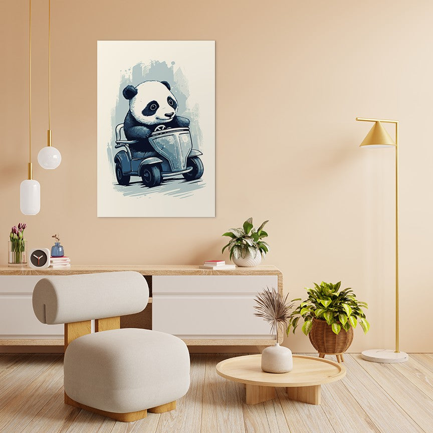 Panda's Joyride on blue toy car Wall Art