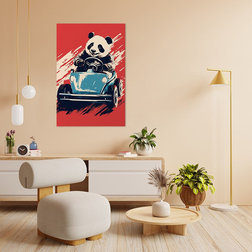 Panda's Joyride on blue Car Wall Art