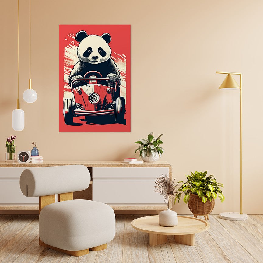 Panda's Joyride On Red Car Wall Art