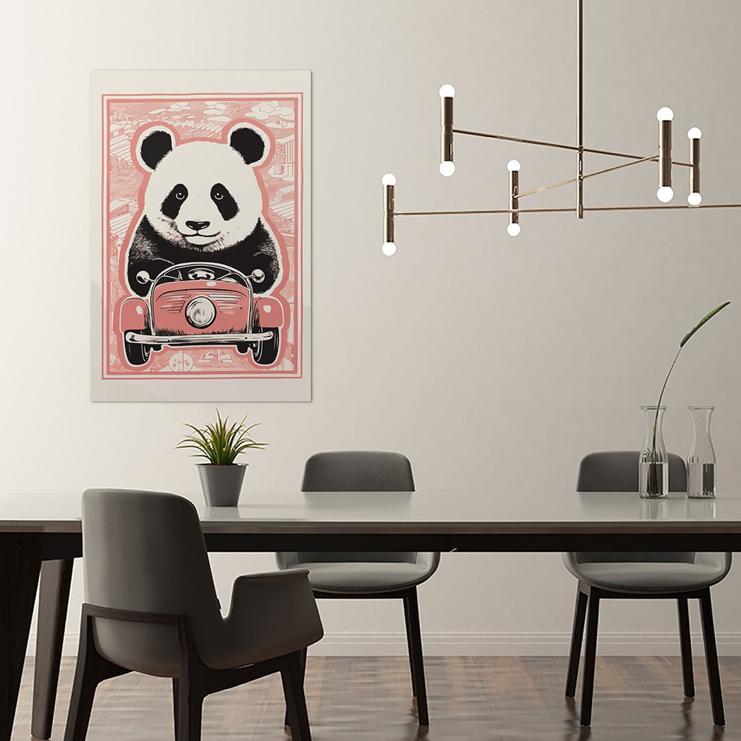 Panda's Joyride on pastel orange Car Wall Art