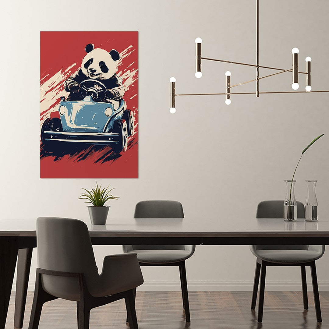 Panda's Joyride on blue Car Wall Art