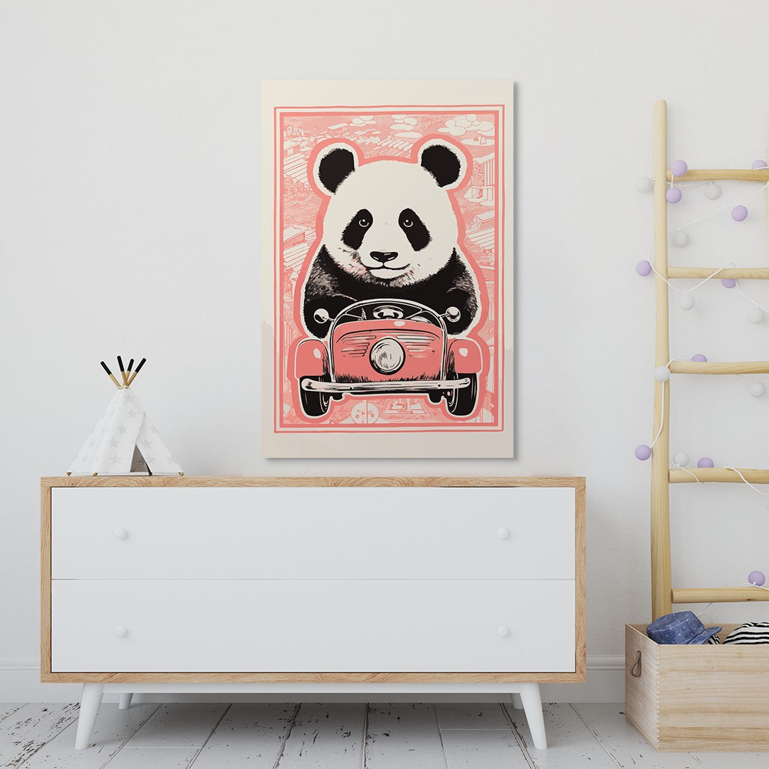 Panda's Joyride on pastel orange Car Wall Art