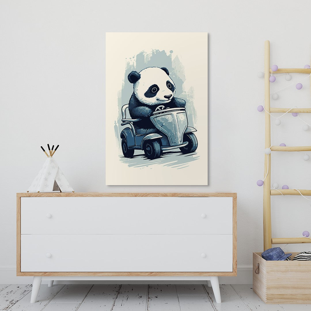 Panda's Joyride on blue toy car Wall Art