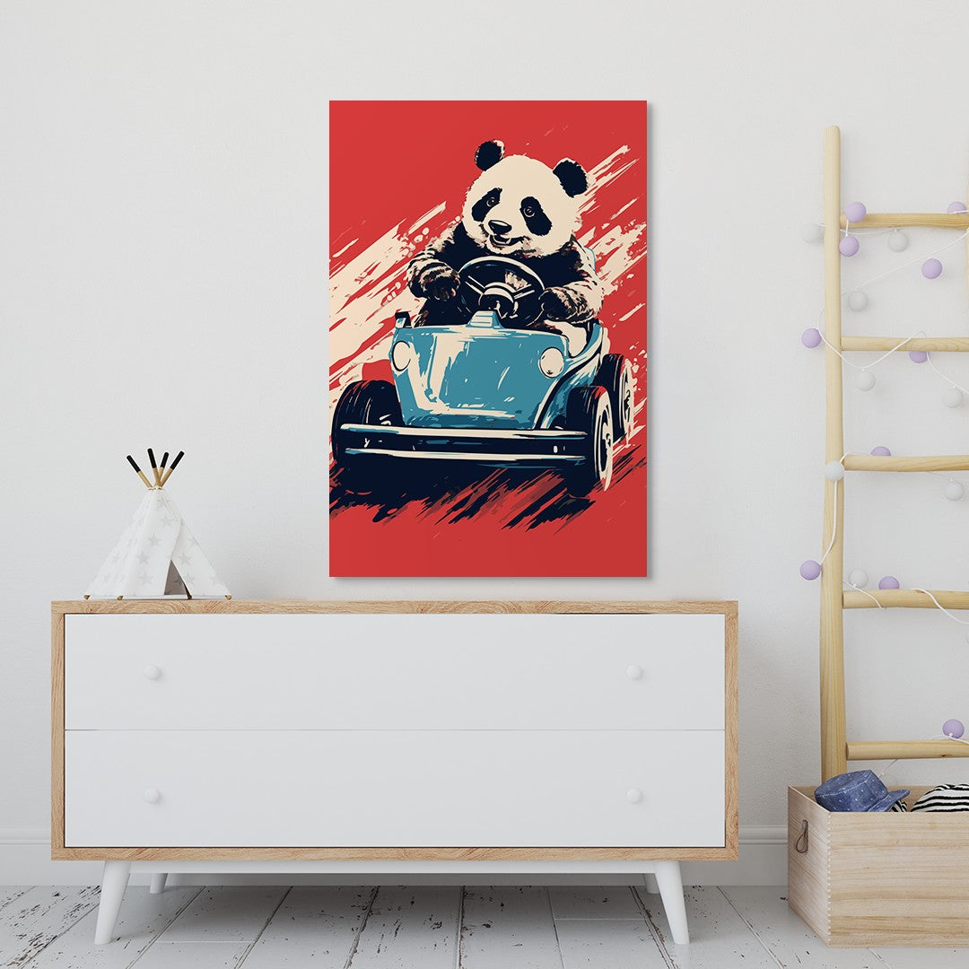 Panda's Joyride on blue Car Wall Art