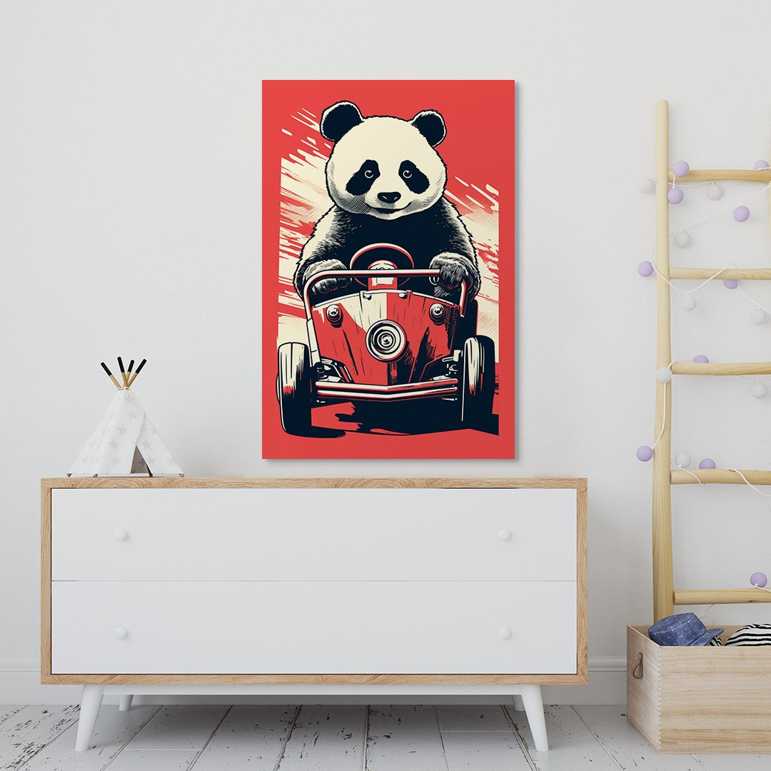 Panda's Joyride On Red Car Wall Art