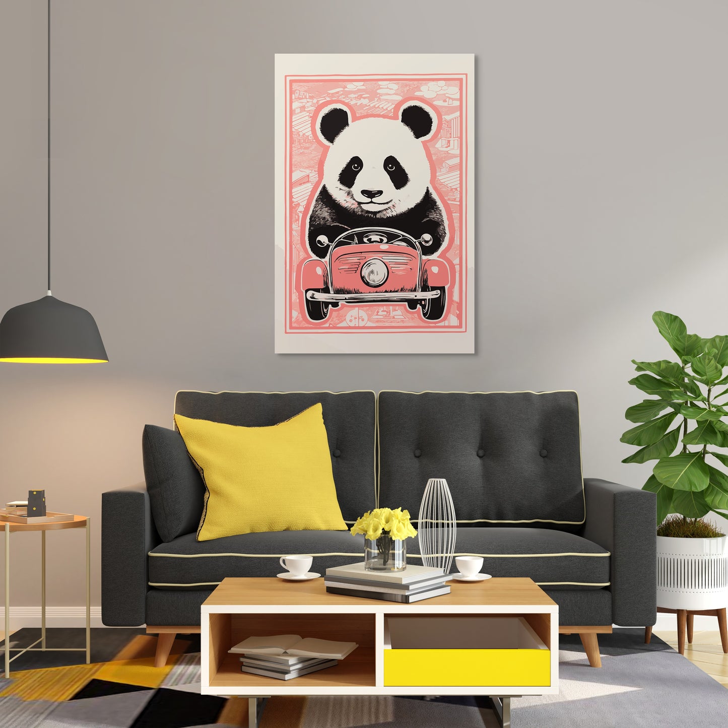 Panda's Joyride on pastel orange Car Wall Art