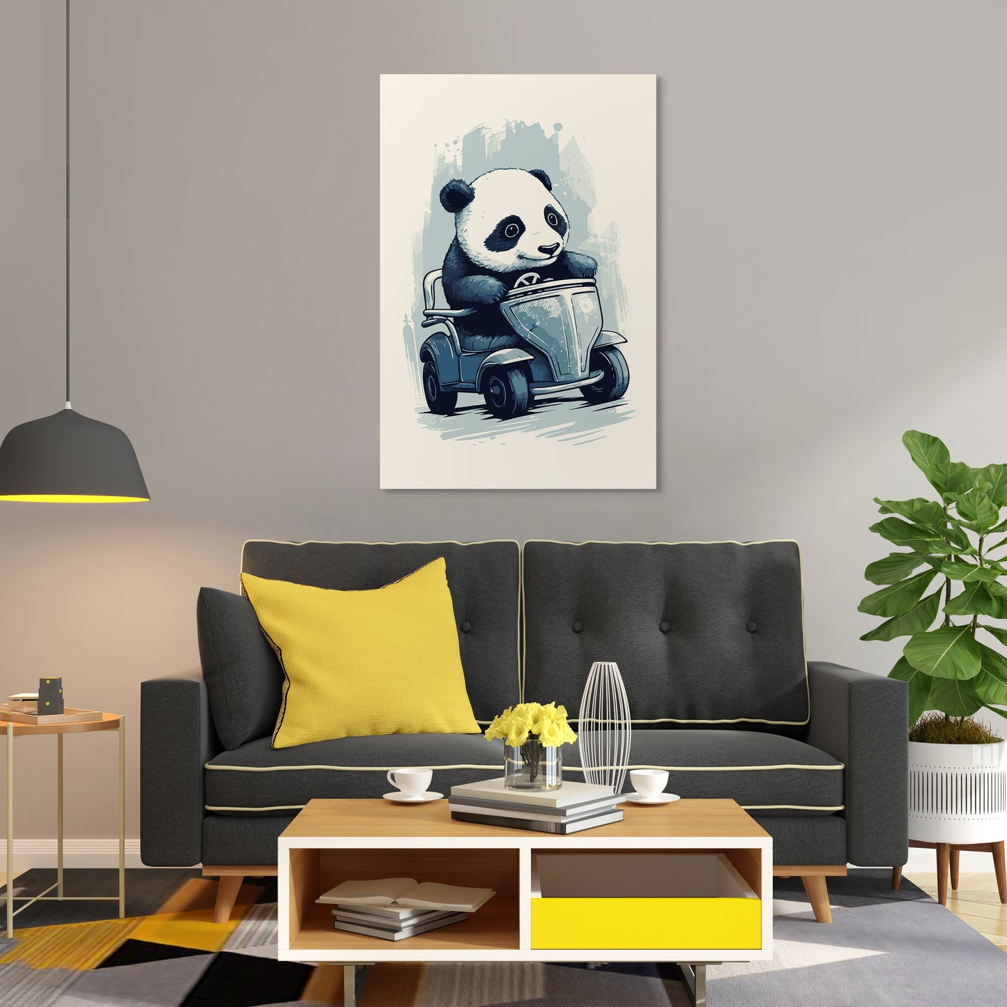 Panda's Joyride on blue toy car Wall Art