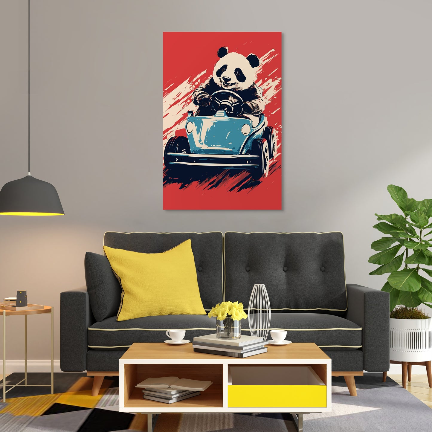 Panda's Joyride on blue Car Wall Art