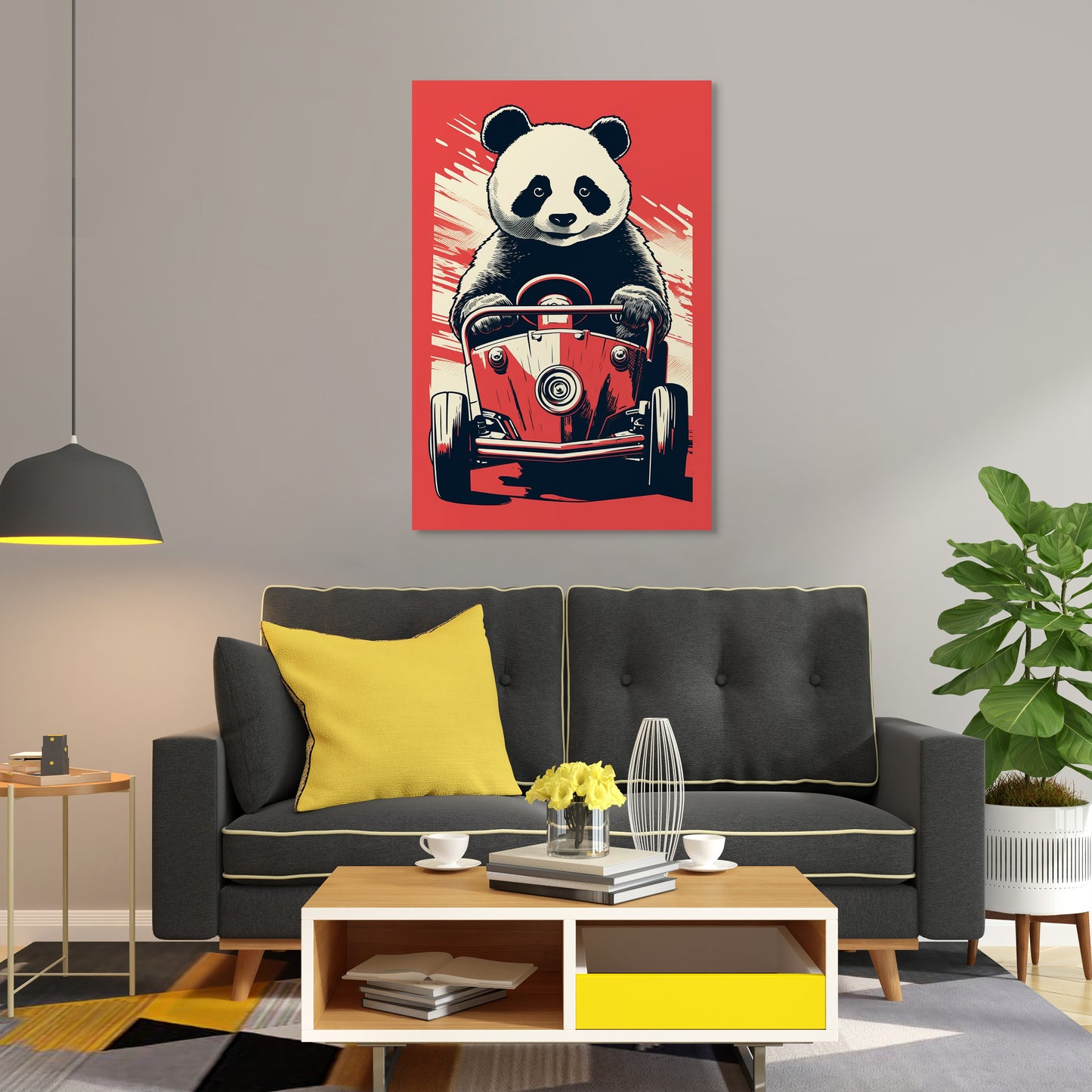 Panda's Joyride On Red Car Wall Art