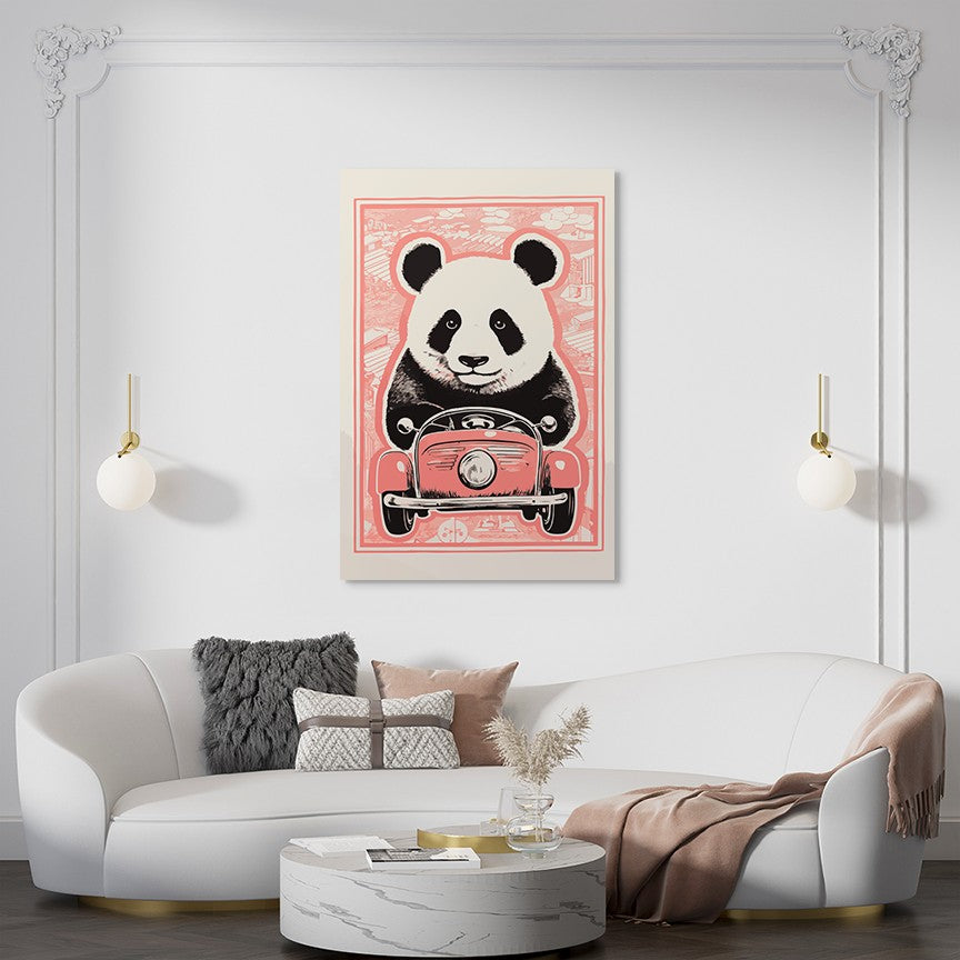 Panda's Joyride on pastel orange Car Wall Art