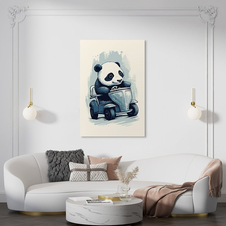 Panda's Joyride on blue toy car Wall Art
