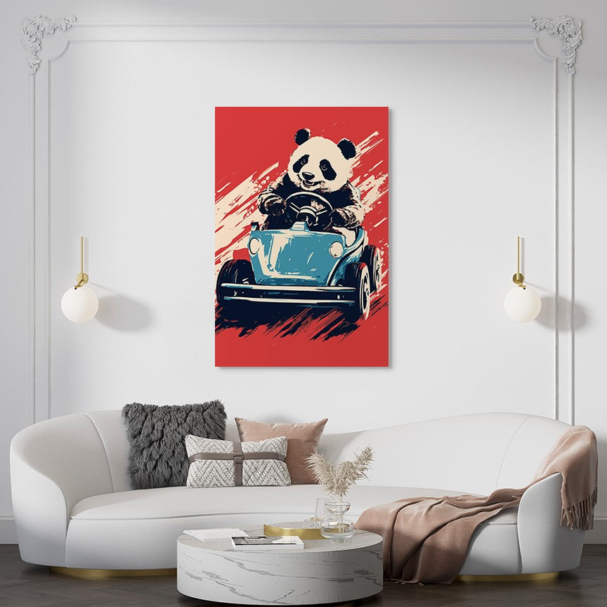 Panda's Joyride on blue Car Wall Art