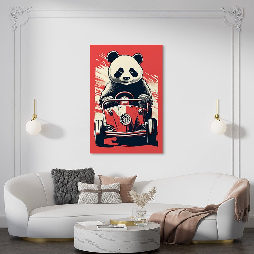 Panda's Joyride On Red Car Wall Art