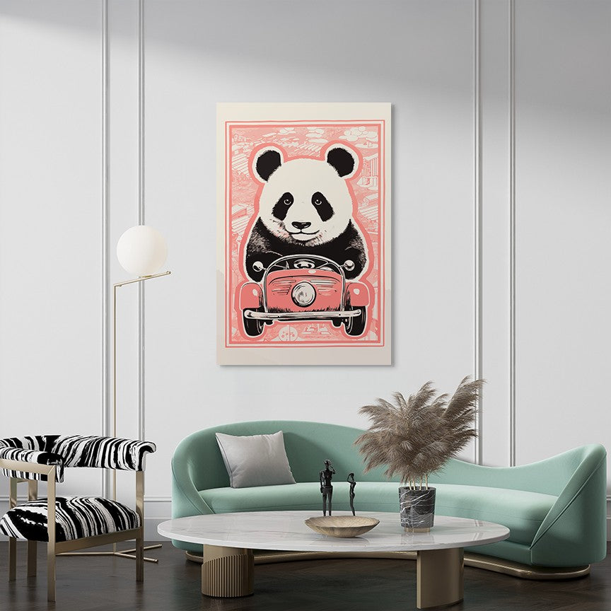 Panda's Joyride on pastel orange Car Wall Art