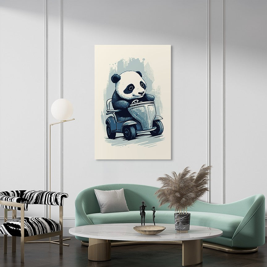 Panda's Joyride on blue toy car Wall Art