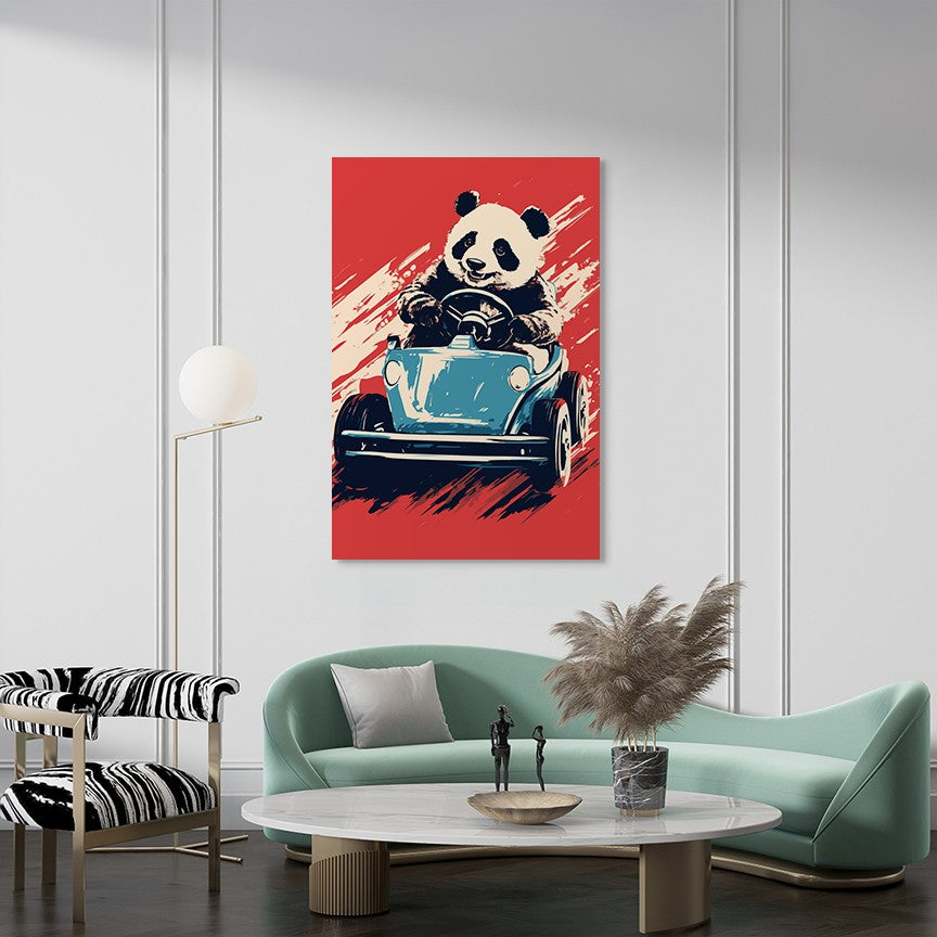 Panda's Joyride on blue Car Wall Art