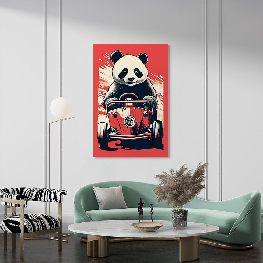 Panda's Joyride On Red Car Wall Art