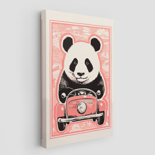 Panda's Joyride on pastel orange Car Wall Art