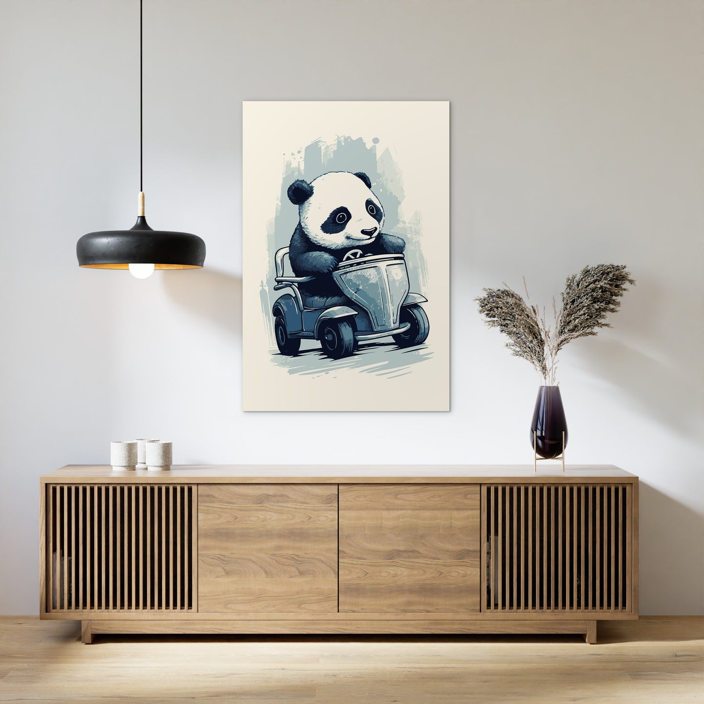 Panda's Joyride on blue toy car Wall Art