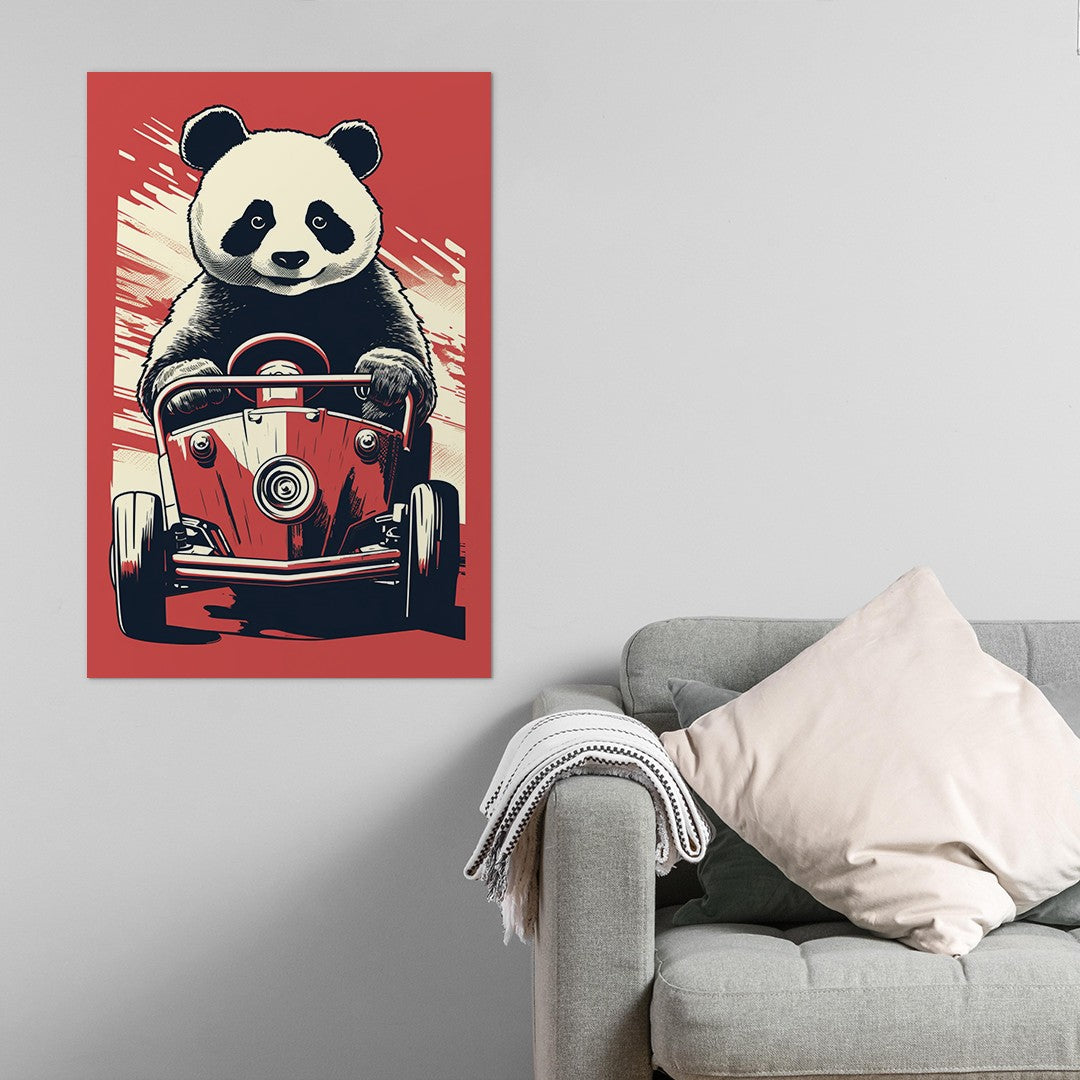 Panda's Joyride On Red Car Wall Art